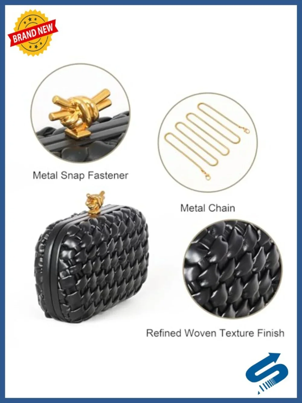 Handwoven Clutch Evening Bag - Structured PU Leather Purse with Chain Strap